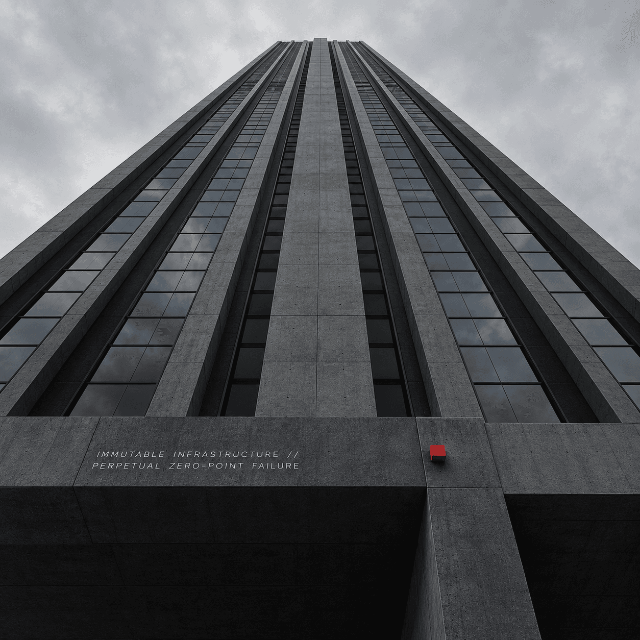 Low-angle view of an exposed-concrete skyscraper